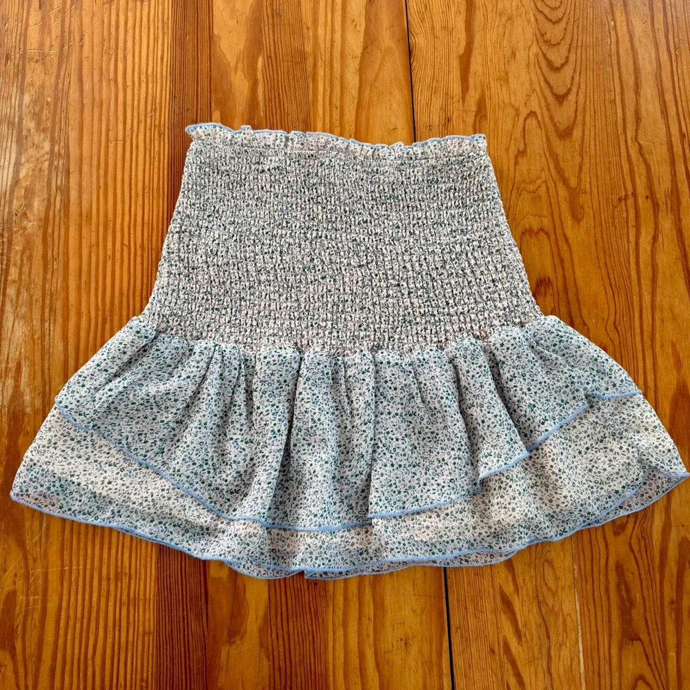 Storia Smocked Floral Mini‎ Skirt Blue Green Ruffle Tiered Summer Skirt Small